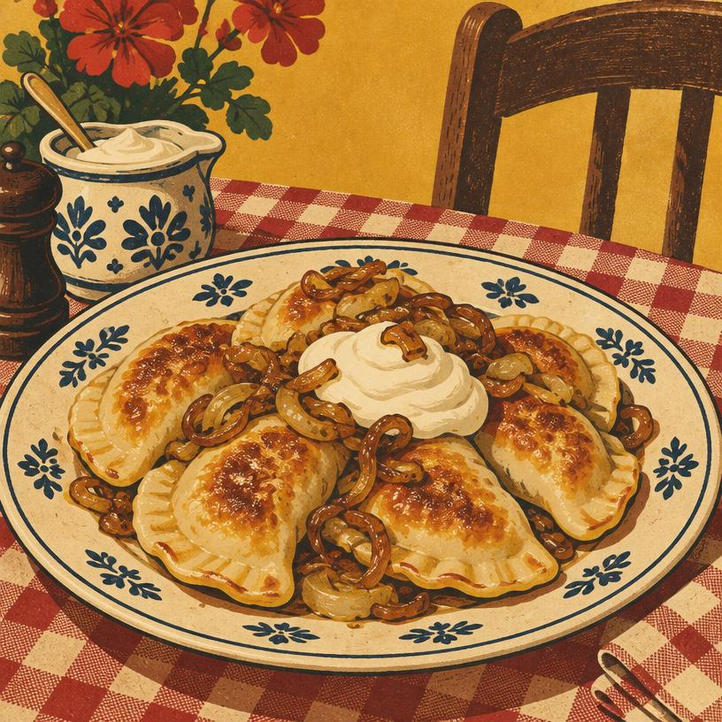 A plate of golden pan-fried pierogies with onions and sour cream